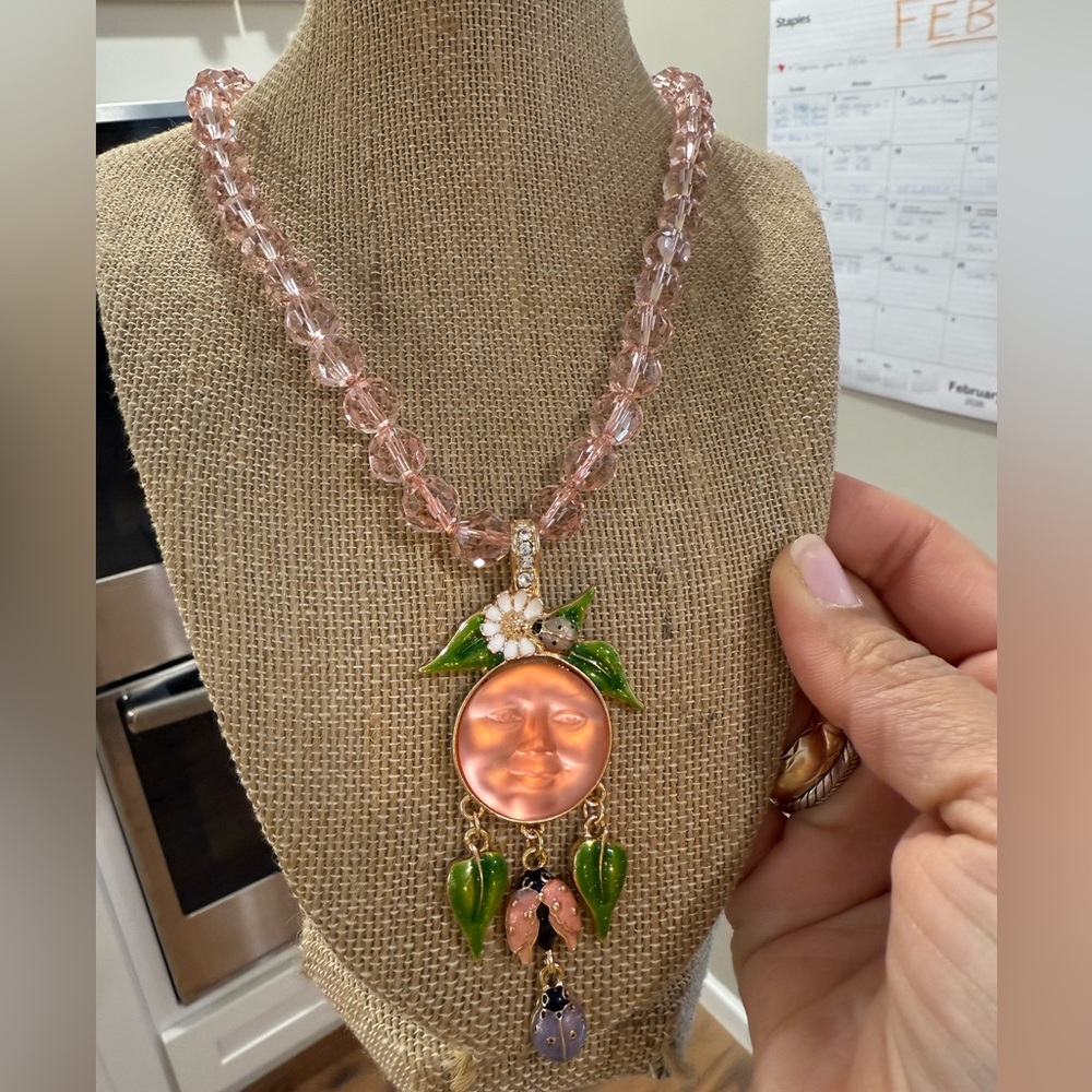 Vintage Kirk's Folly Peach Moon Face Pendant Necklace: Swarovski Crystal Flowers